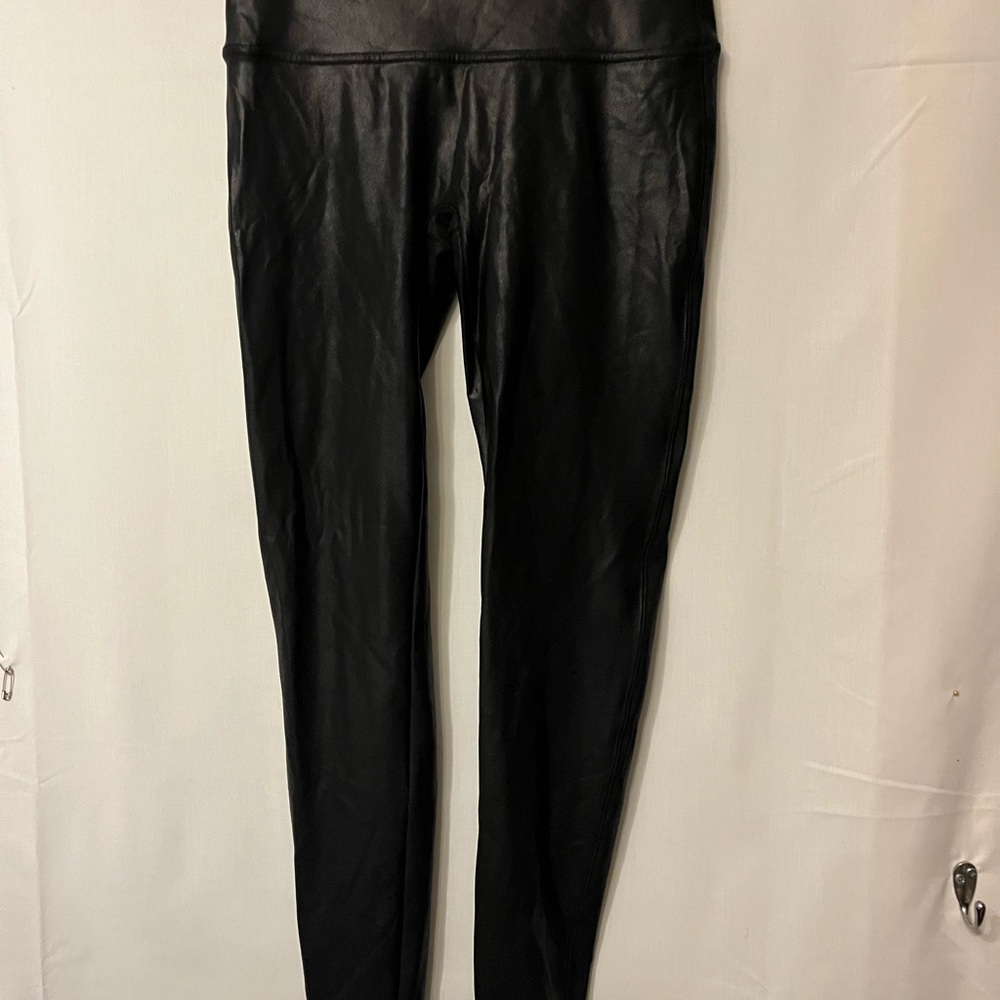 SPANX Black Faux Leather Leggings with Red Brand Tag